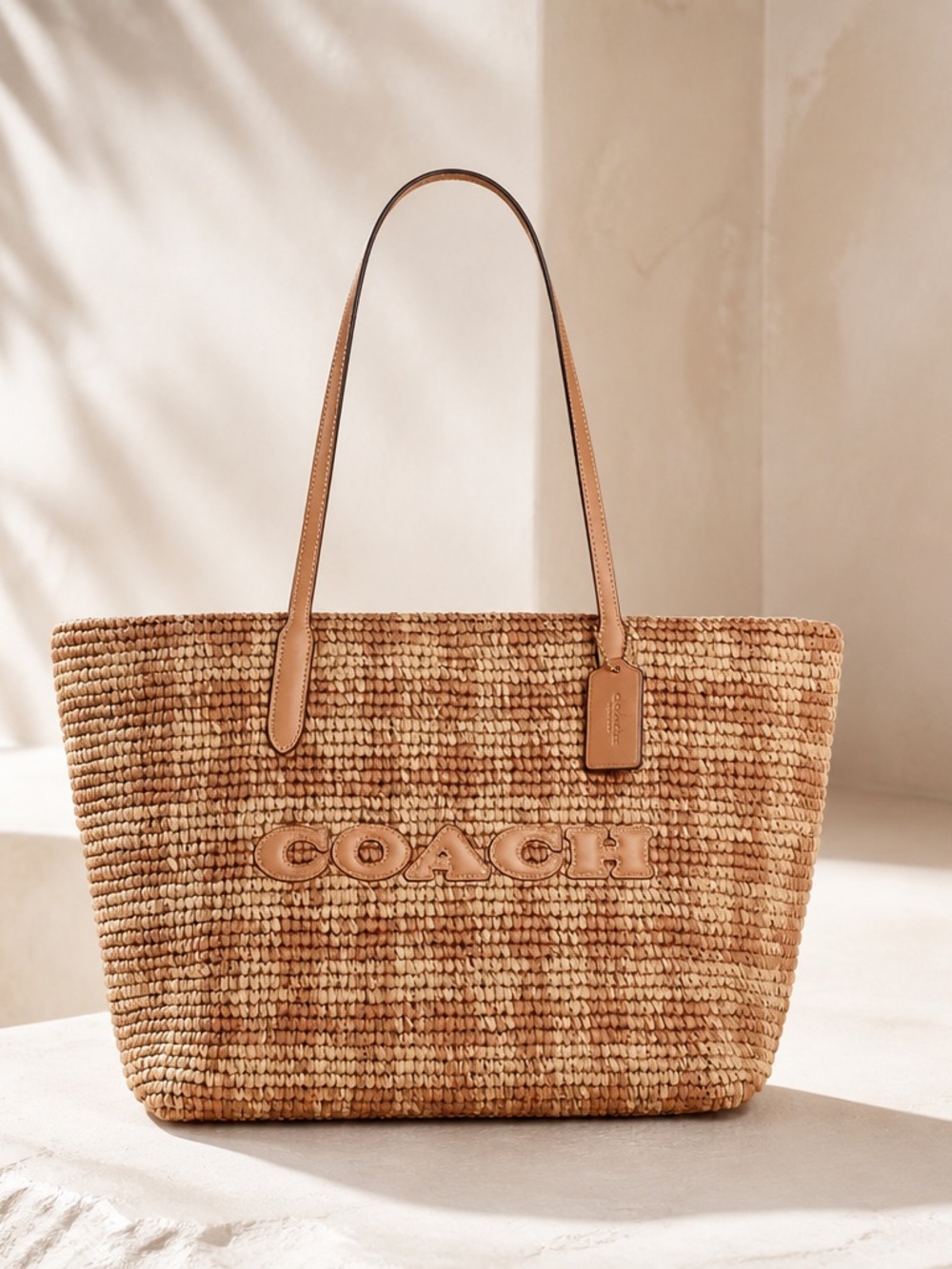 Coach Woven Straw City Tote in Tan & Camel with Leather Trim with Gingham Print